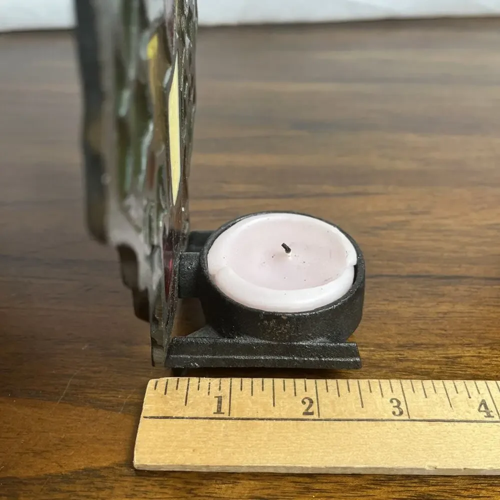 Vintage Stained Glass & Cast-Iron Christmas Tea Light Candle Holder Holiday Core